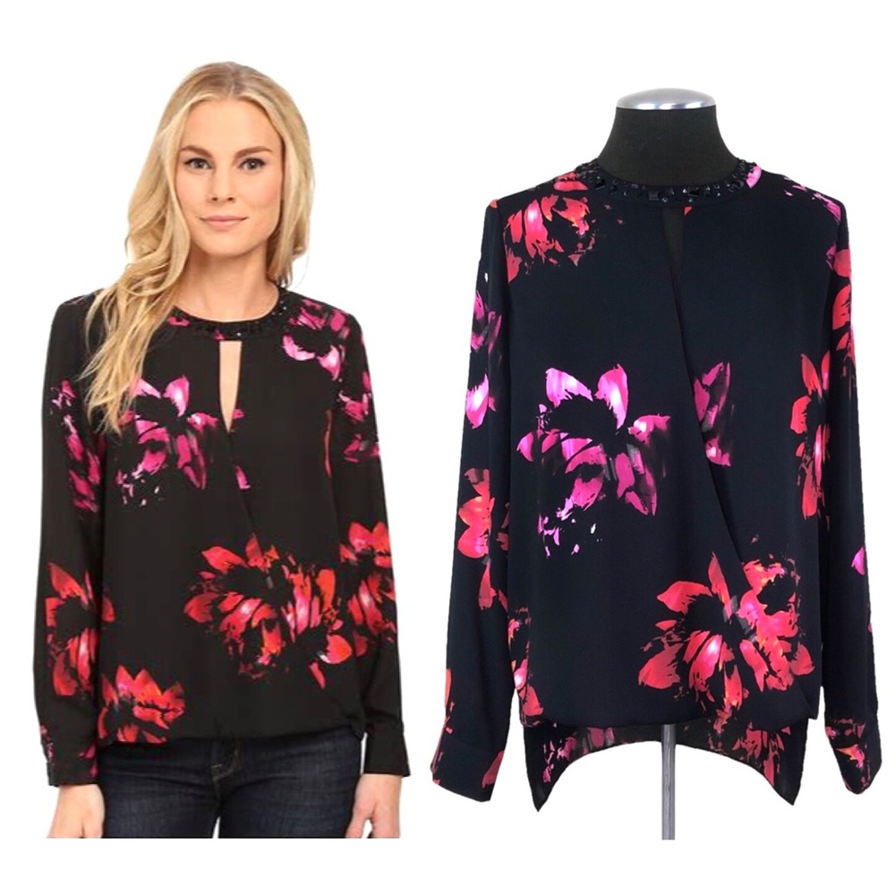 Vince Camuto - Floral Beaded High-Low Long Sleeve Blouse - XS